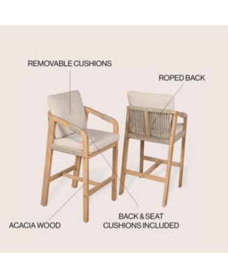 Porto 2-Pc. Acacia Wood Roped Cushioned Armrest Tub Outdoor Bar Stools