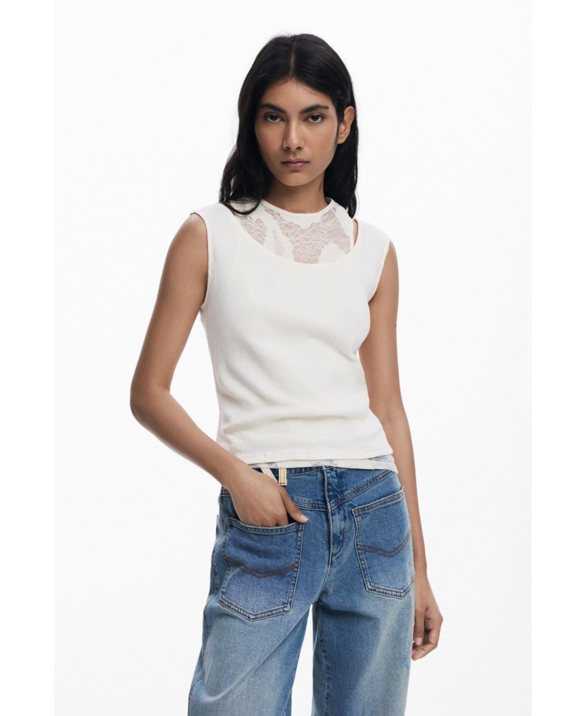 Desigual Women's Sleeveless Double-layer T-shirt In Sand