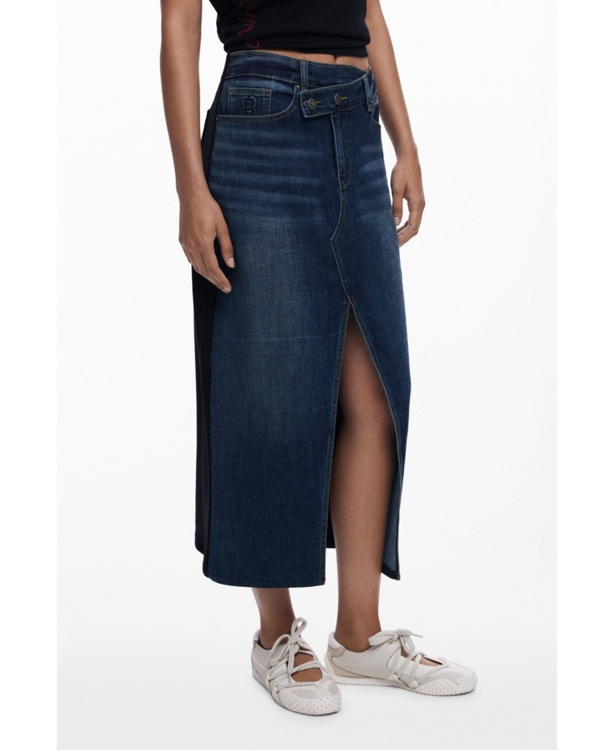 Women's Combined denim midi skirt - Medium blue