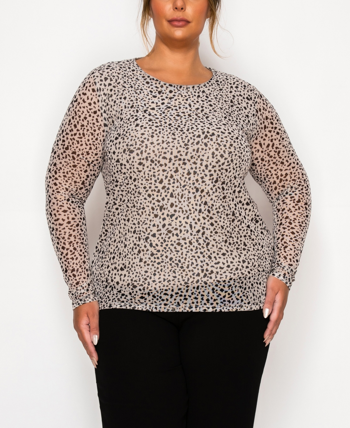 Coin 1804 Plus Size Pebble Mesh Scoop Neck Long Sleeve Top In Brown