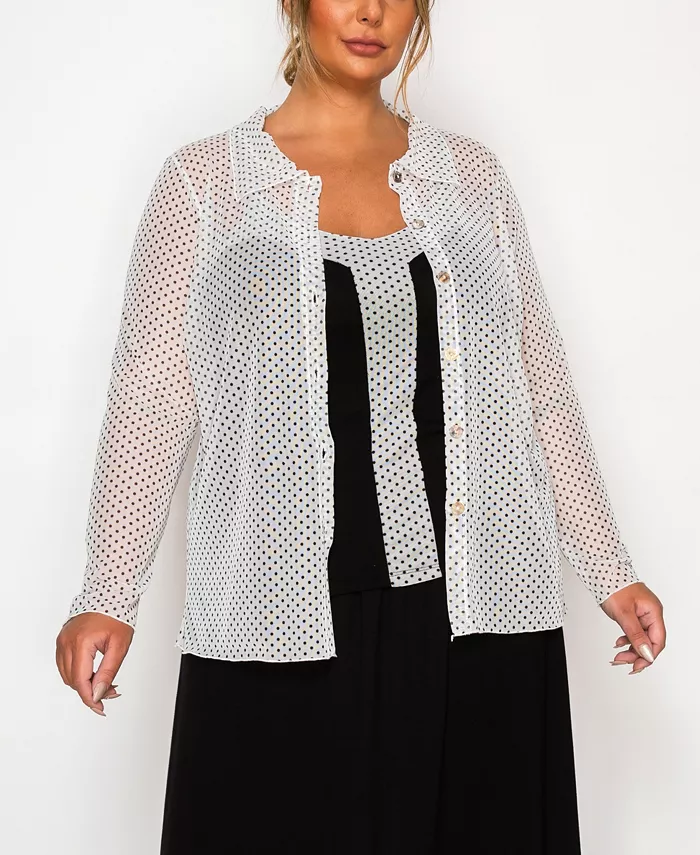Plus Size Dot Mesh Button Front Long Sleeve Top - thumbnail 10
