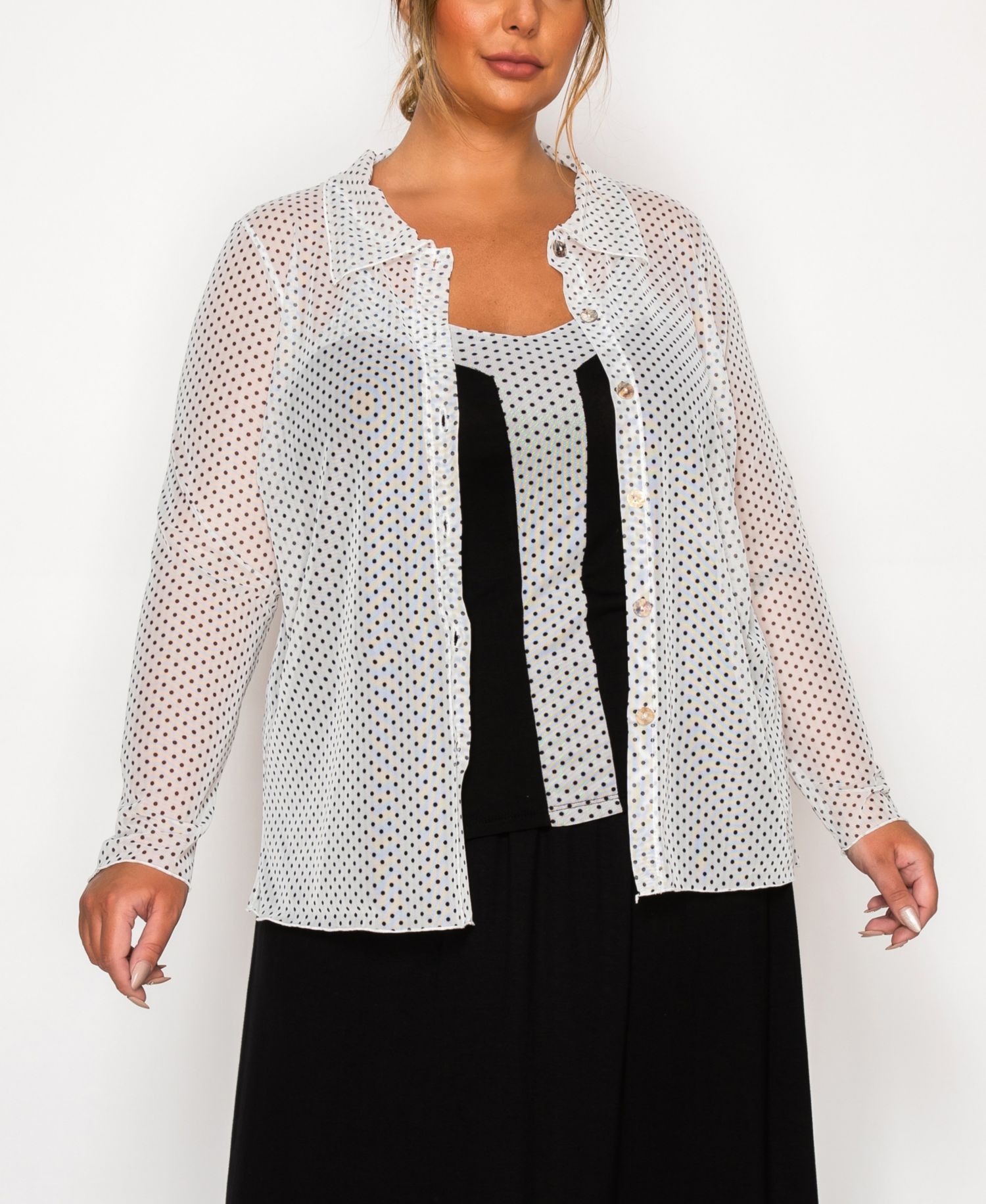 Plus Size Dot Mesh Button Front Long Sleeve Top