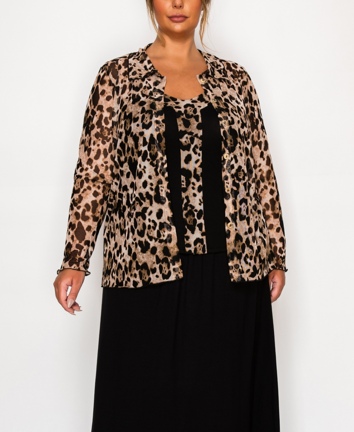 Coin 1804 Plus Size Leopard Mesh Button Front Long Sleeve Top In Brown