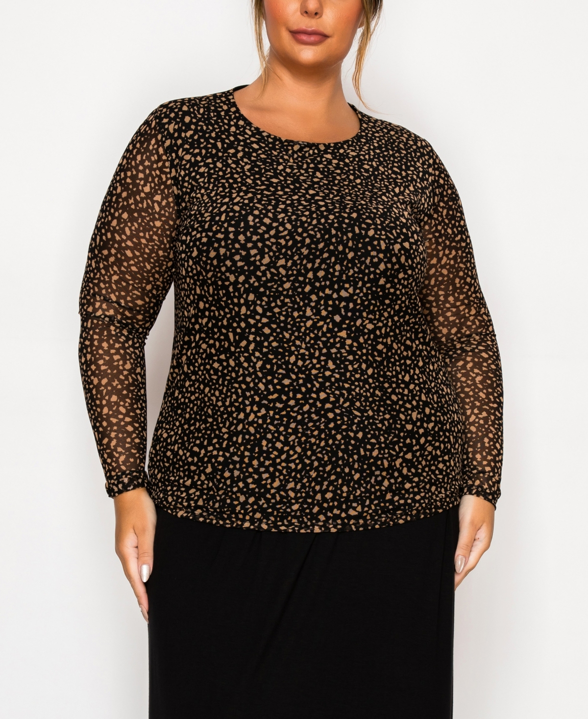 Coin 1804 Plus Size Pebble Mesh Scoop Neck Long Sleeve Top In Black