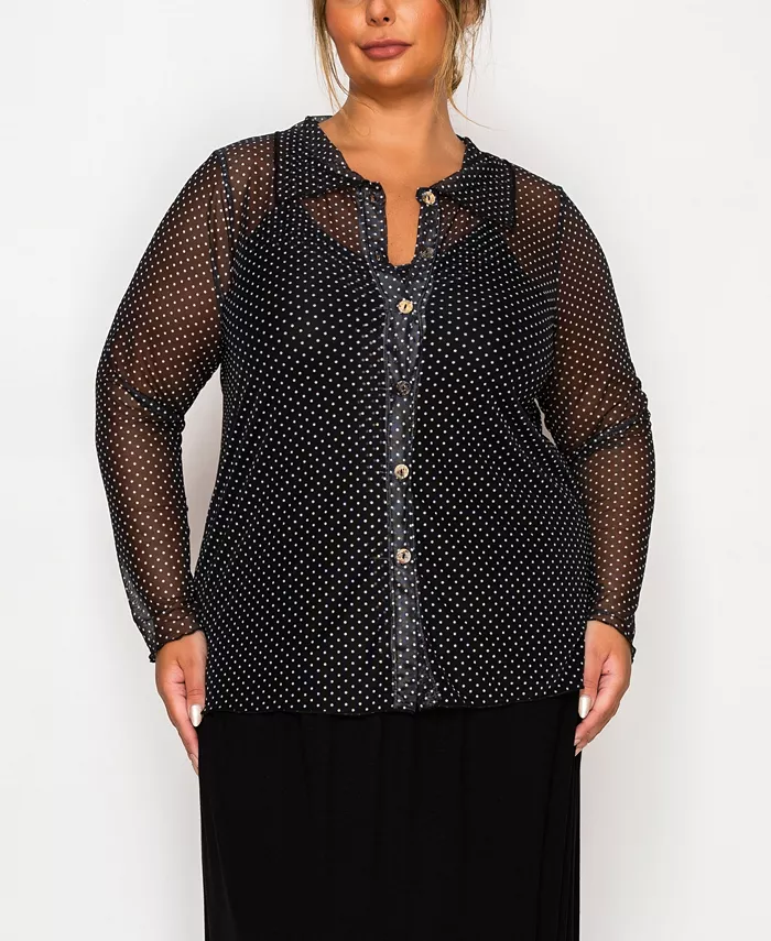 Plus Size Dot Mesh Button Front Long Sleeve Top
