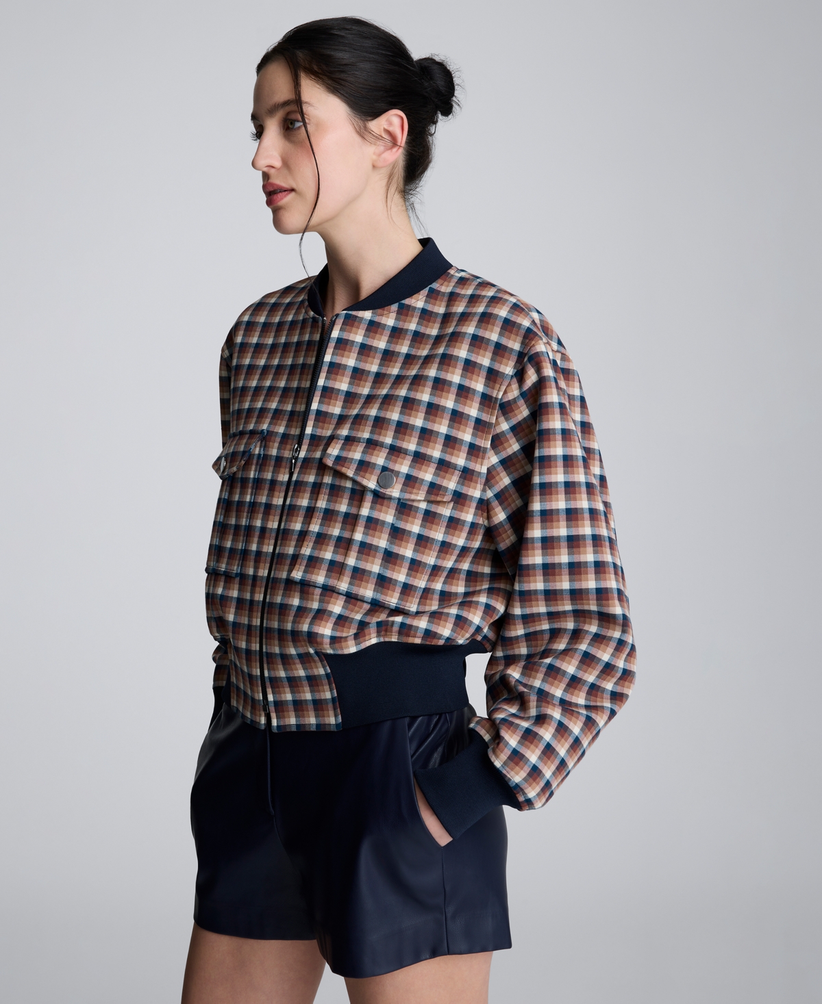 Kenneth Cole Check Patch Pocket Cropped Bomber In Brown