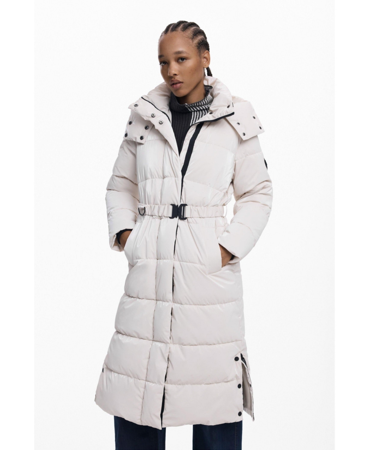 Desigual Quilted Puffer Longline Coat With Removable Hood In White