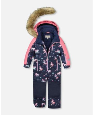Girl One-Piece Play Snowsuit Navy Unicorn Print - Child