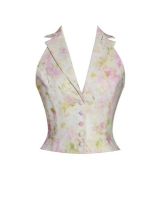 Women Lauren Pink Floral Print Ruched Back Linen Suit Vest