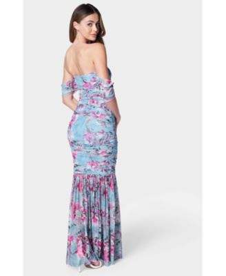 Women's Off Shoulder Ruched Mesh Gown