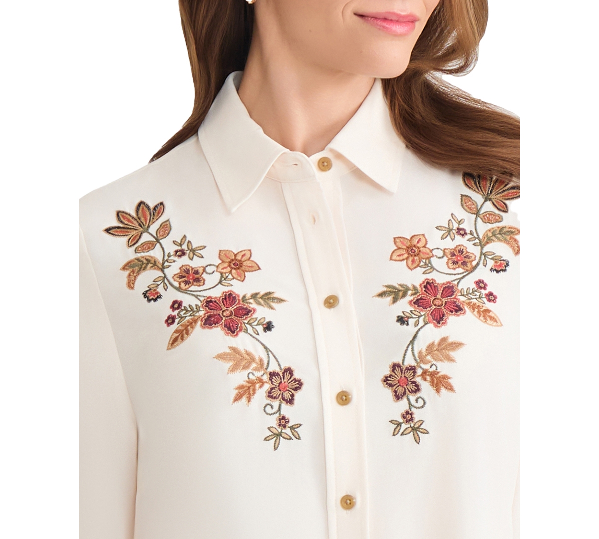 Jones New York Embroidered Yoke Button-up Shirt In Brown