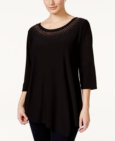 Belldini Plus Size Studded Asymmetrical-Hem Tunic Top