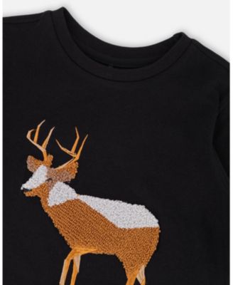 Baby Boy Cotton T-Shirt Black with Boucle Deer Applique - Baby