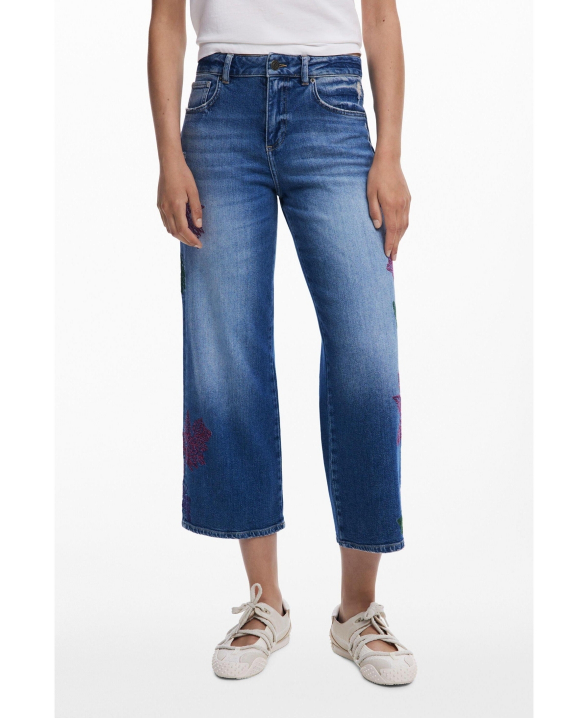 Desigual Leaf Embroidered Crop Wide Leg Jeans In Blue