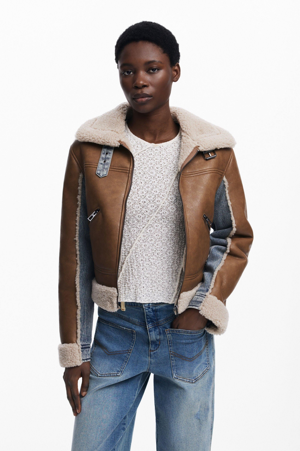 Desigual Mixed Media Faux Leather Jacket With Faux Shearling Trim In Brown