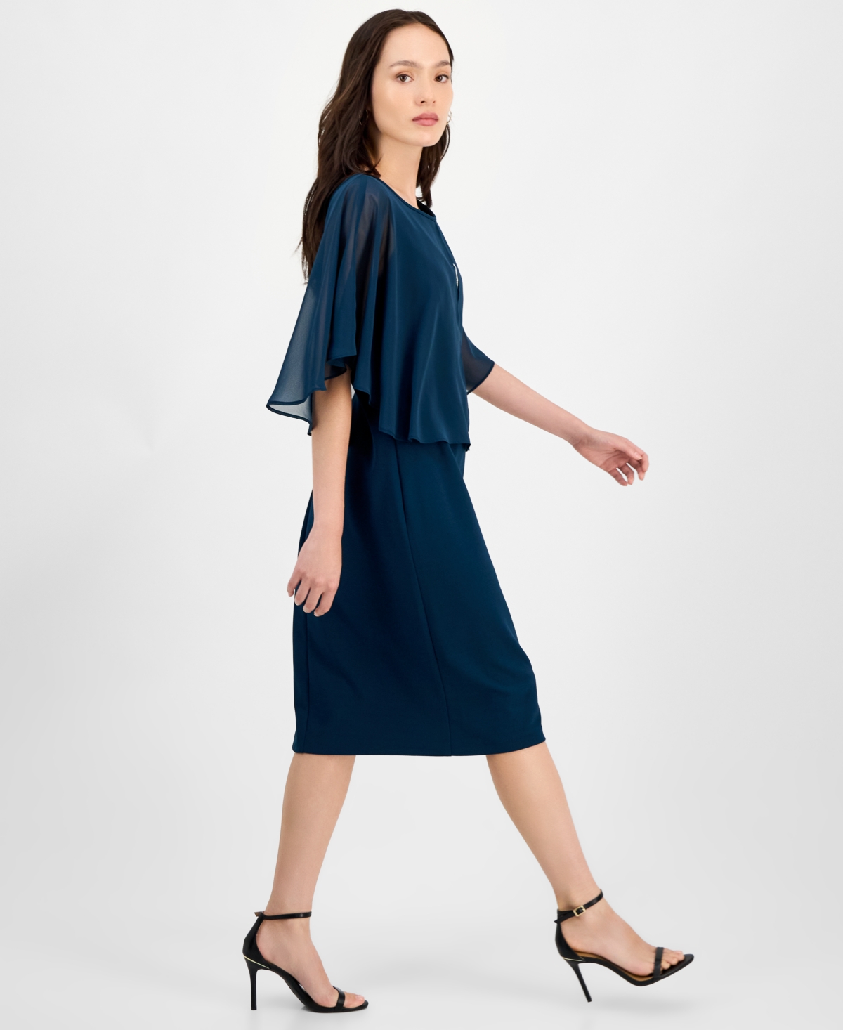 Connected Petite Cape Overlay Round Neck Dress In Blue