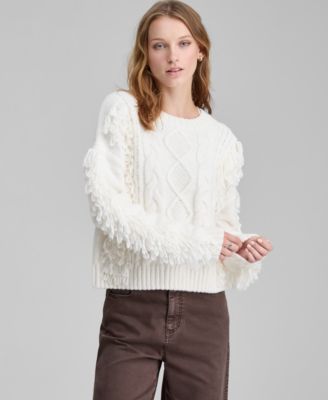 And Now This - Women's Fringed Cable-Knit Crewneck Sweater