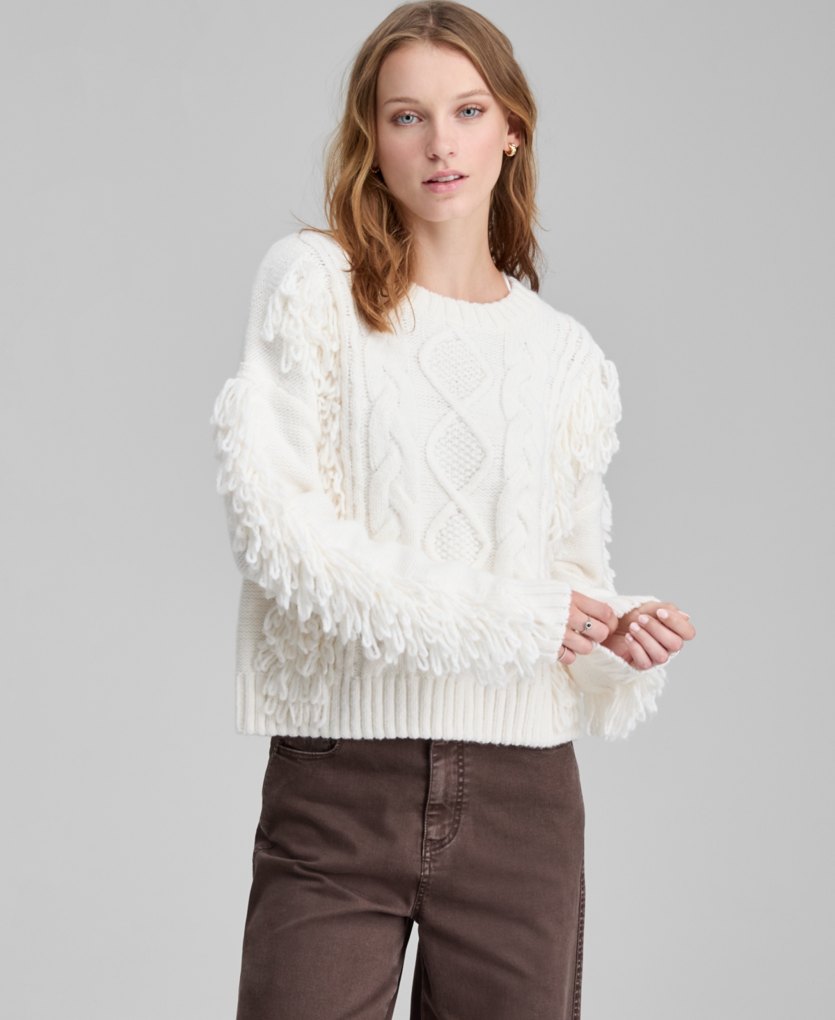 And Now This Women's Fringed Cable-knit Crewneck Sweater, Macy's Exclusive In White