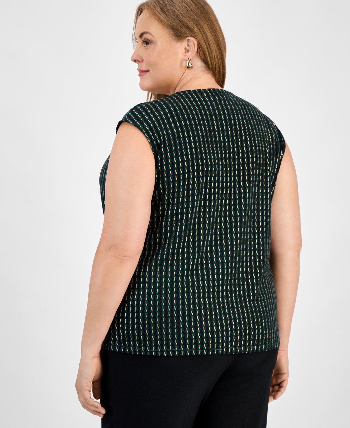Kasper Plus Size Printed Pleat-neck Sleeveless Top In Blue