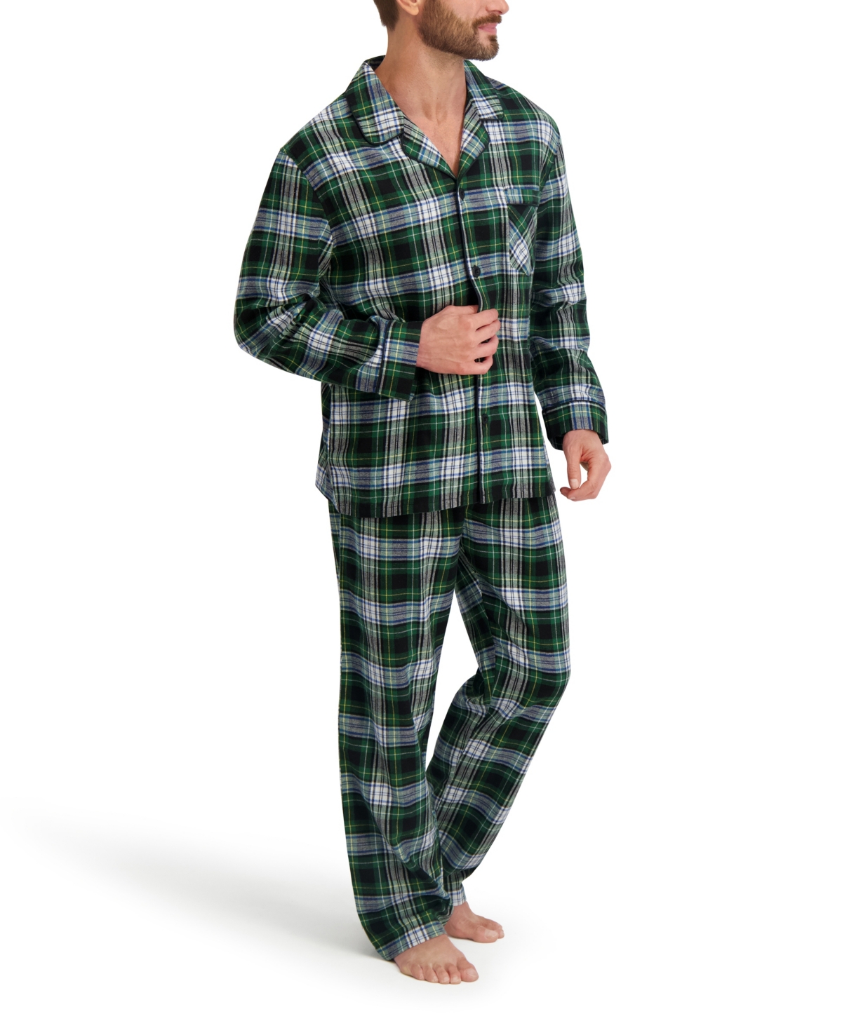Hanes Men's Flannel Button Down Pajama Sleep Set In Green