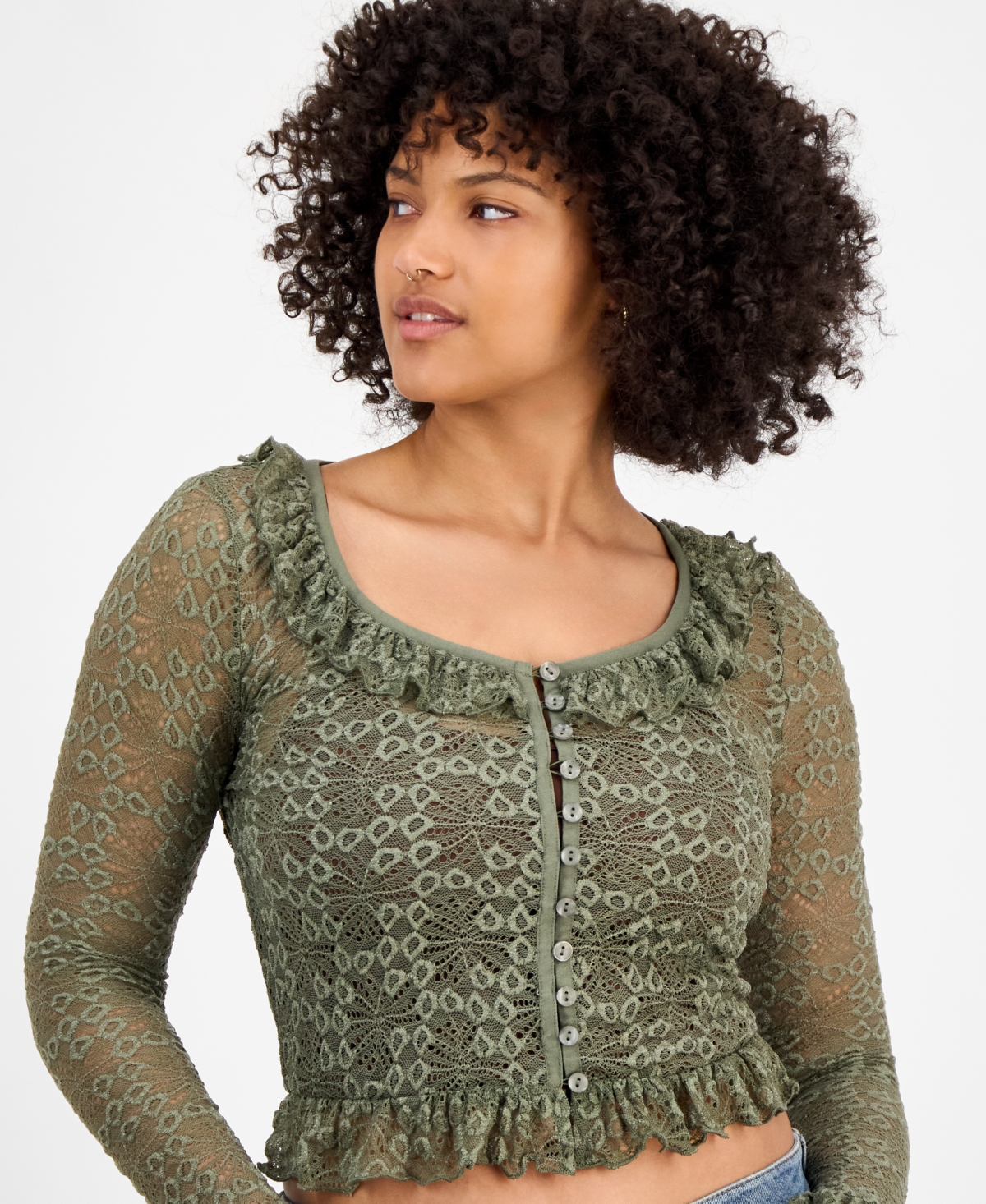 And Now This Women's Ruffle-trim Stretch-lace Crop Top, Macy's Exclusive In Green