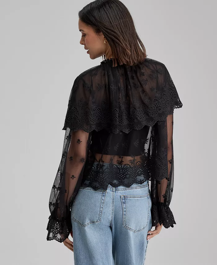 Women's Sheer Embroidered Capelet Blouse - thumbnail 6