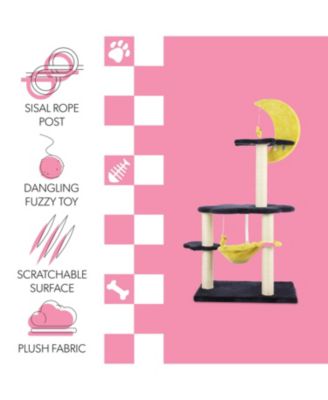 Aurora 49" 3-Tier Modern Sisal Moon And Stars Cat Tree with Scratching Posts, Basket, and Fuzzy Bell Toys, Navy/Yellow/White