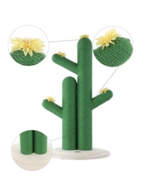 Socorro 34.25" Modern Jute Double-Cactus Cat Scratching Post with Flower Toys, Green/White