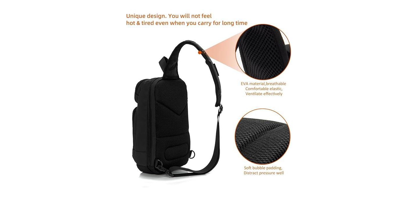 Мужская сумка Wosofe 14 inch Sling Bag for Men, Black Crossbody Bag with USB Charging Port Fits 10.2inch iPad, Casual, цвет: Чёрный — фото 5