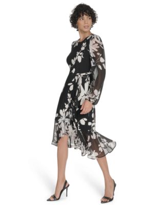 Petite Long-Sleeve Chiffon Combo Midi Dress