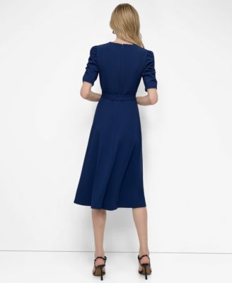 Women's Ruched-Sleeve Belted Fit and Flare Midi Dress