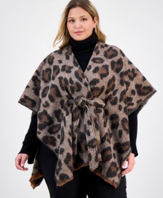 I.N.C. International Concepts - Animal Printed Belted Ruana Topper Natural Wrap