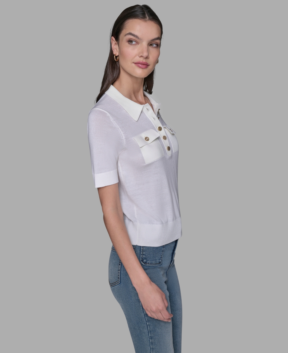 Karl Lagerfeld Women's Short-sleeve Button-front Sweater In White