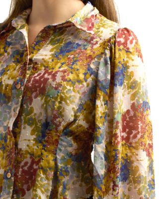 Juniors Printed Long-Bubble-Sleeve Button-Front Top