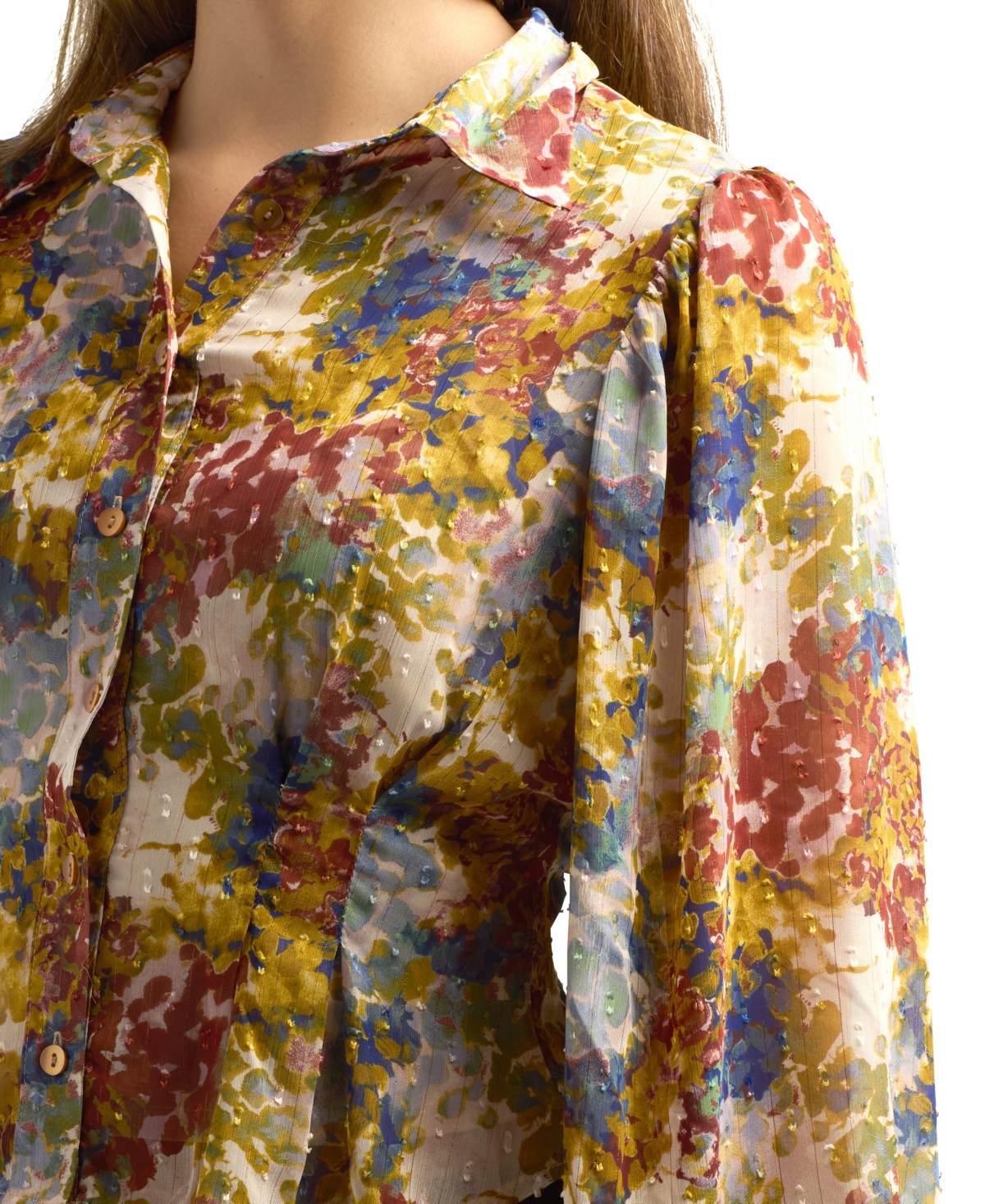 Bcx Juniors Printed Long-bubble-sleeve Button-front Top In Multi