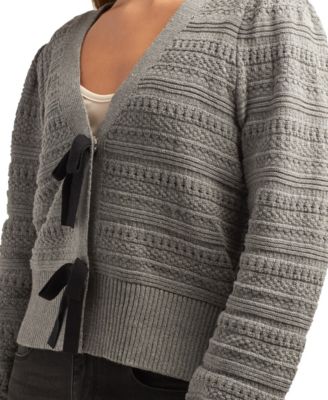 Juniors V-Neck Bow-Trim Long-Sleeve Cardigan