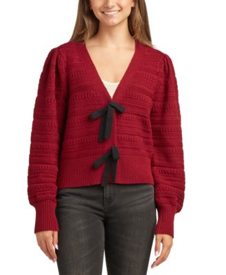Juniors V-Neck Bow-Trim Long-Sleeve Cardigan