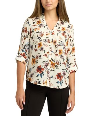 BCX - Women's Printed Dobby-Collar 3/4-Sleeve Top