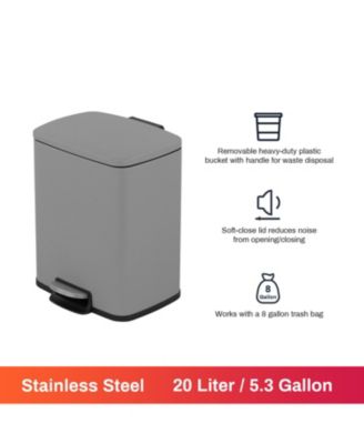 5.3 Gal./20 Liter Rectangular Stainless-Steel-Made Matt Grey Step-on Trash Can for kitchen