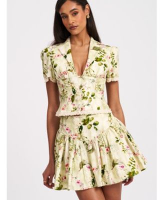 Women Zanella Green Floral Print Lace Trim Linen Top