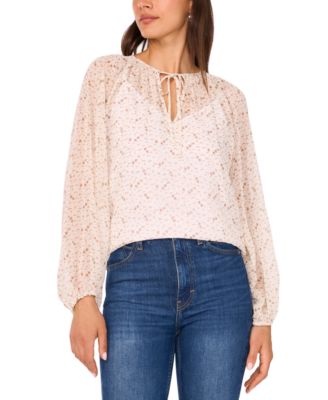 Women's Tie-Neck Shirring Long-Sleeve Peasant Blouse