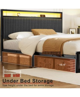 Upholstered Full Bed Frame with 2 Storage Drawers, LED Headboard, USB Ports, Dark Gray