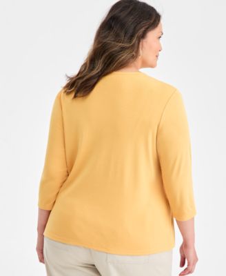 Plus Size Cotton V-Neck 3/4-Sleeve Top, Exclusively at Macy's 