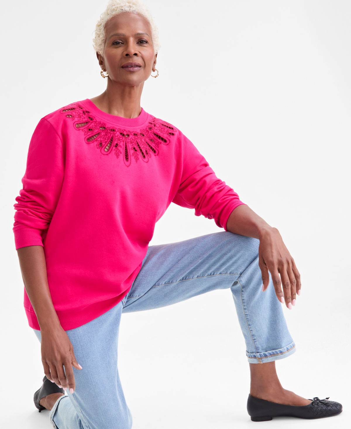 Style & Co Women's Embroidery Crewneck Sweatshirt, Macy's Exclusive In Pink