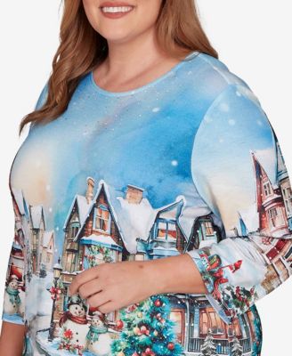 Plus Size Classic Embellished Snow Cabin Village Scene Crew Neck Top