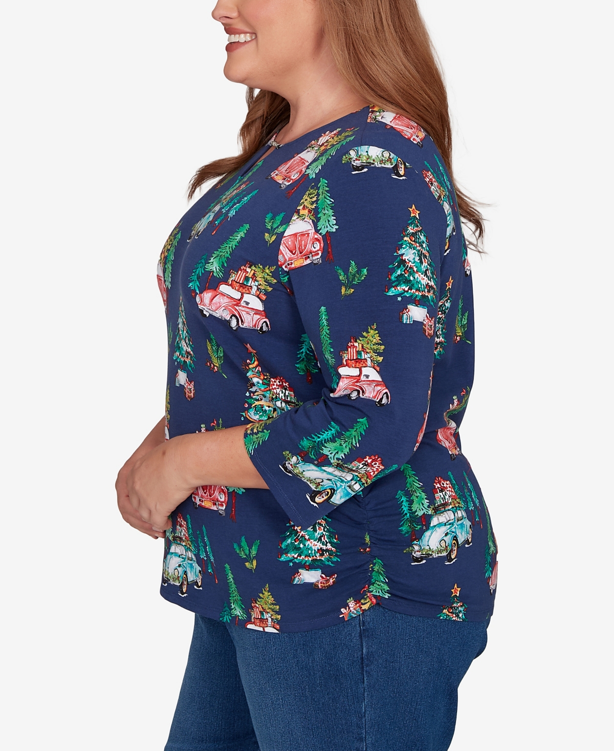 Alfred Dunner Plus Size Classic Christmas Tree Print Beaded Keyhole Neck Top In Blue