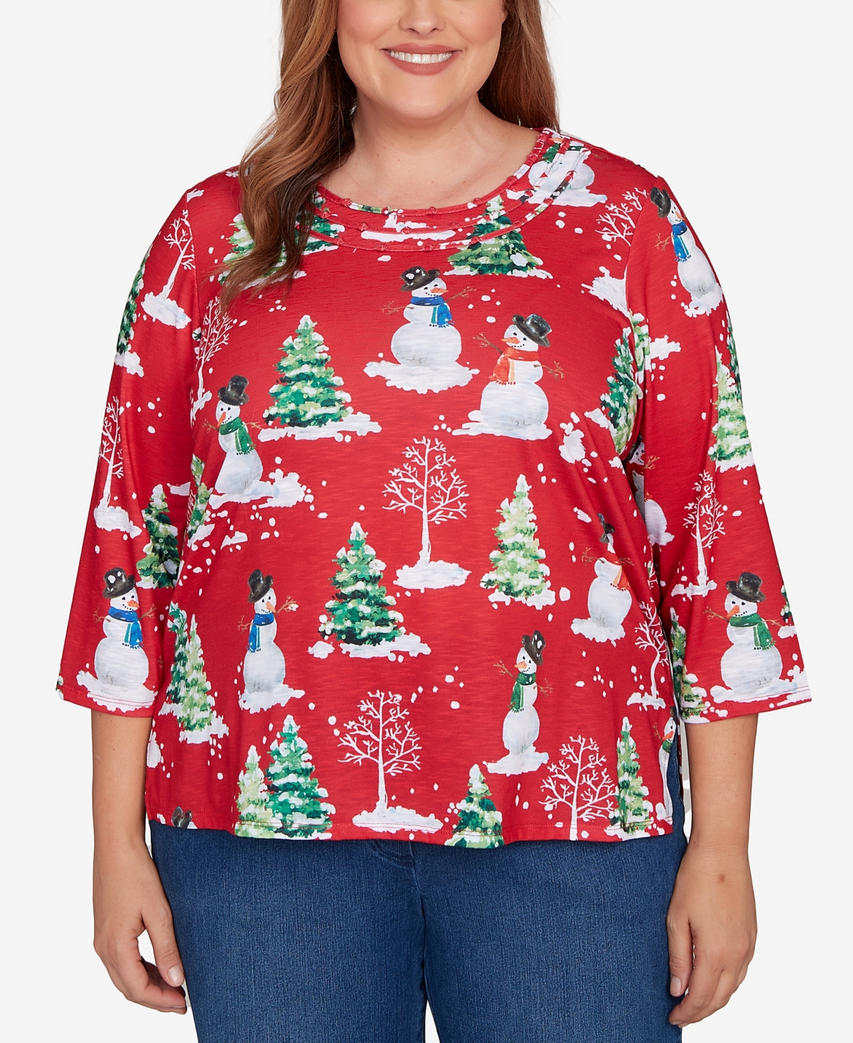 Alfred Dunner Plus Size Classic Snowmen Printed Crew Neck Top In Red