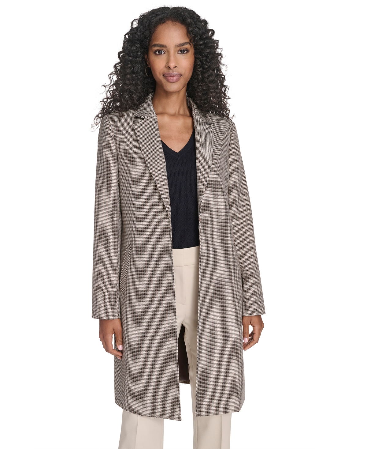 Tommy Hilfiger Women's Houndstooth Pattern Topper Long Jacket In Gray