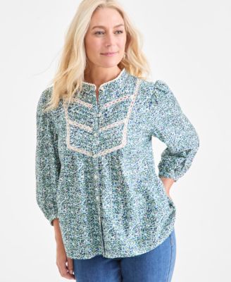 Style & Co - Petite Cotton Floral-Print Lace-Trim Blouse