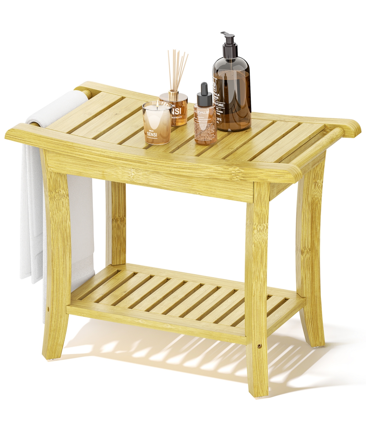 Curved Bamboo Shower Bench with Storage Shelf